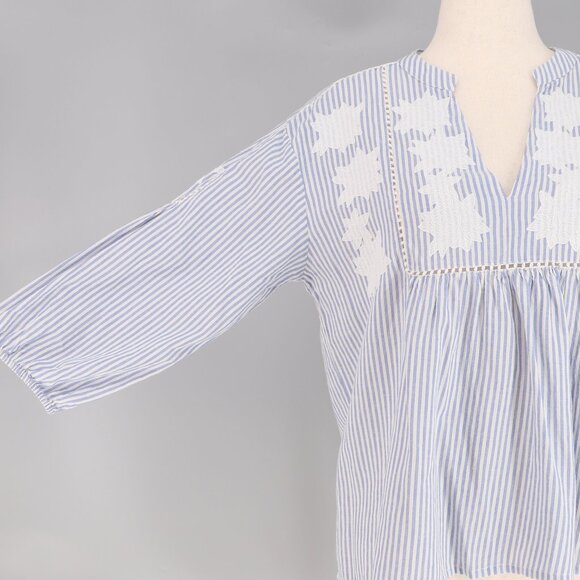 MAISON 123 PARIS Blue Striped V-Neck White Embroidery Flowy Blouse Size L - Picture 5 of 8